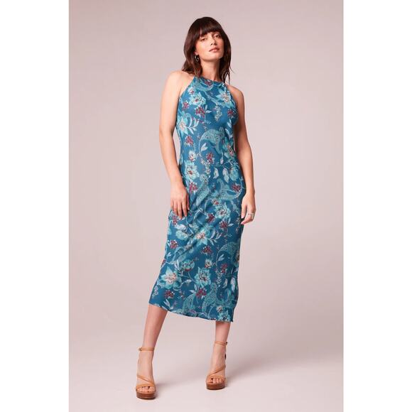 Band of Gypsies Band of the Free NWT Audette Teal Floral Halter Midi Dress M - Picture 1 of 10